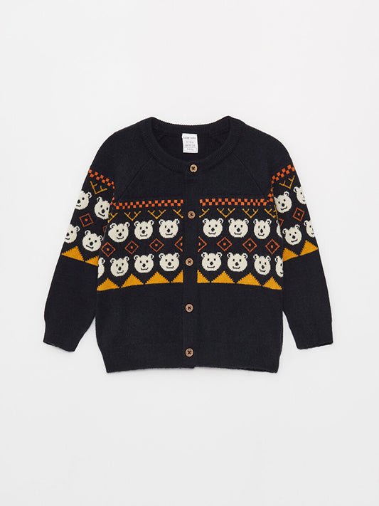 Crew Neck Patterned Baby Boy Knitwear Cardigan