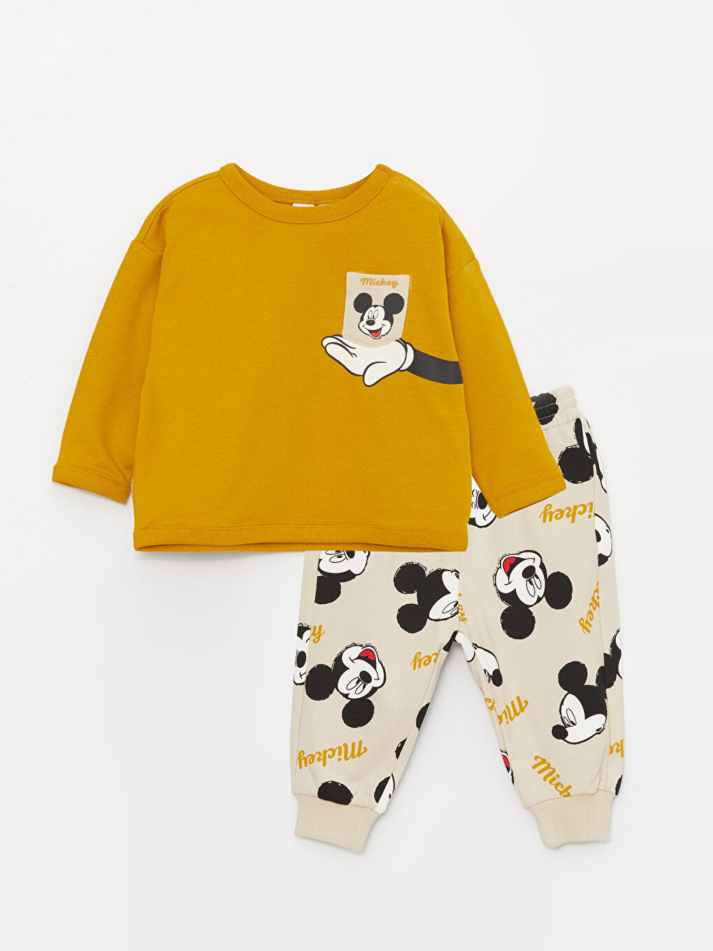 Crew Neck Mickey Mouse Printed Baby Boy T-Shirt and Tracksuit Bottom 2-Piece Set