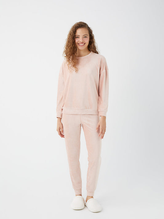 Crew Neck Plain Long Sleeve Velvet Women's Pajama Set