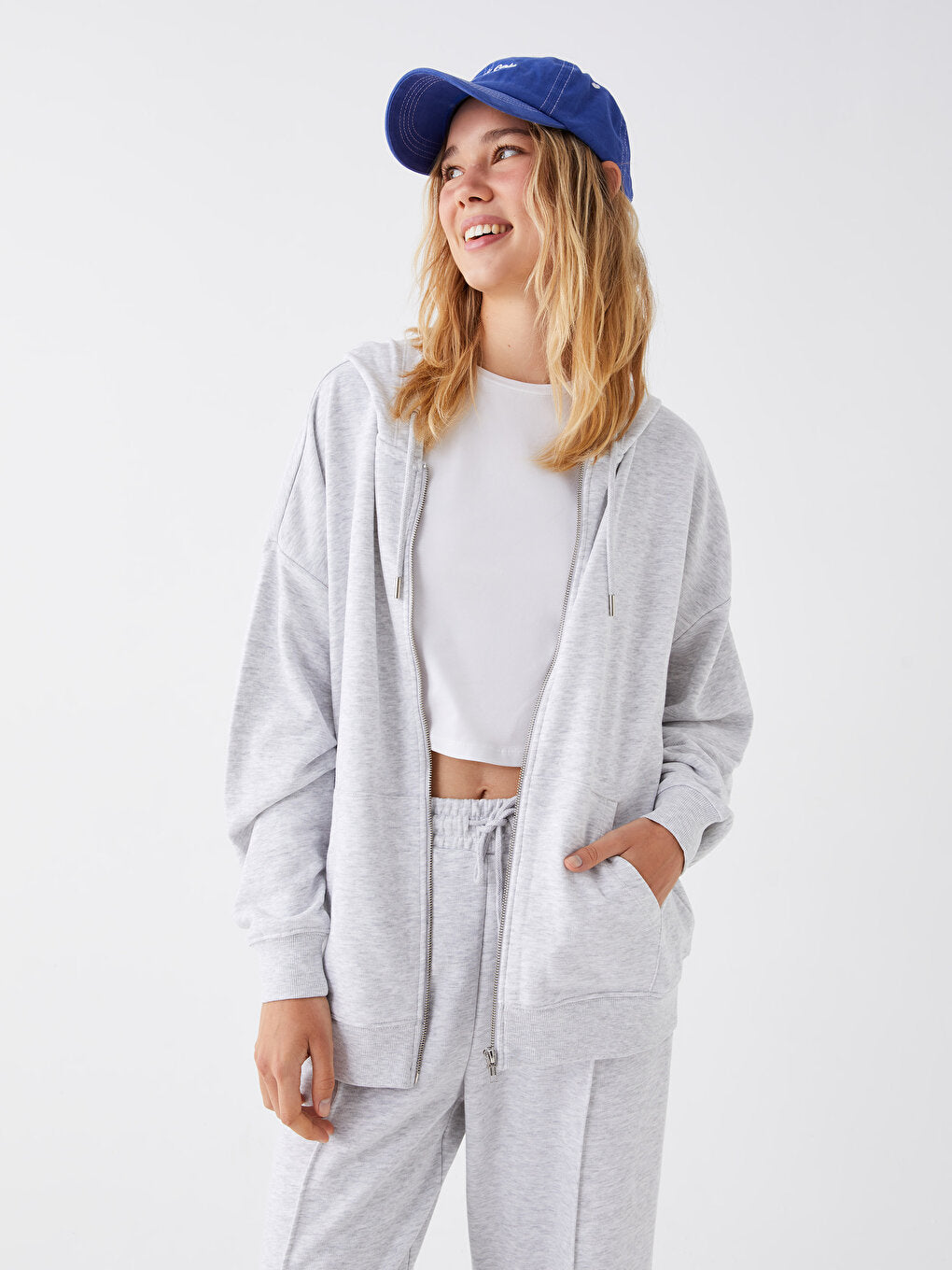 Hooded Plain Long Sleeve Oversize Women's Zipper Sweatshirt