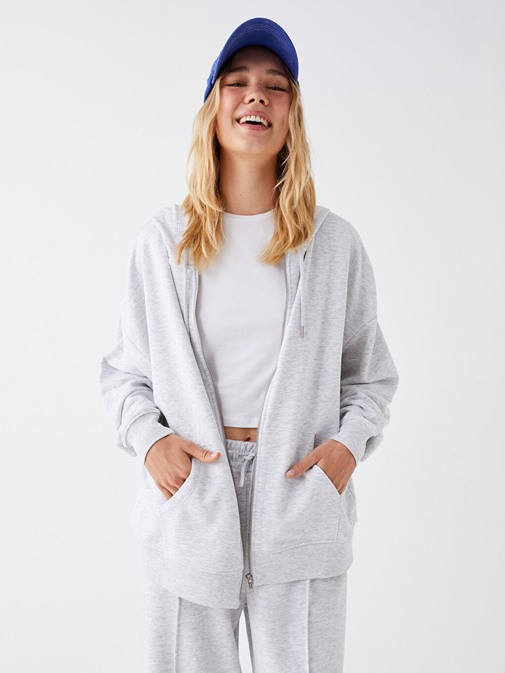 Hooded Plain Long Sleeve Oversize Women's Zipper Sweatshirt