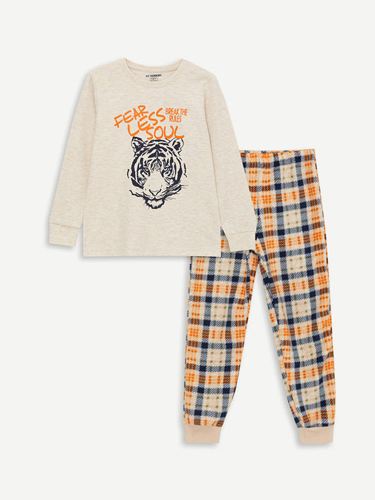 Crew Neck Printed Long Sleeve Boys' Pajama Set