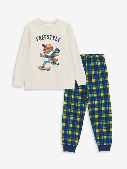 Crew Neck Plaid Long Sleeve Boys Pajama Set