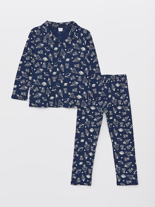 Shirt Collar Patterned Long Sleeve Boy Pajama Set