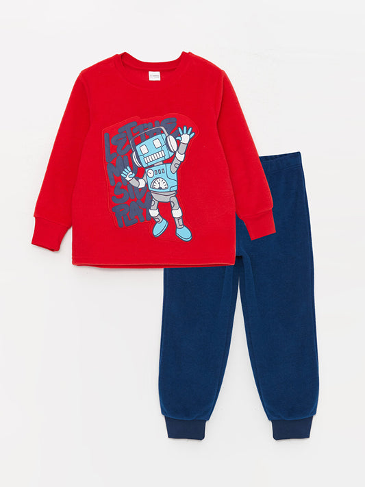 Crew Neck Embroidered Long Sleeve Fleece Boys' Pajama Set