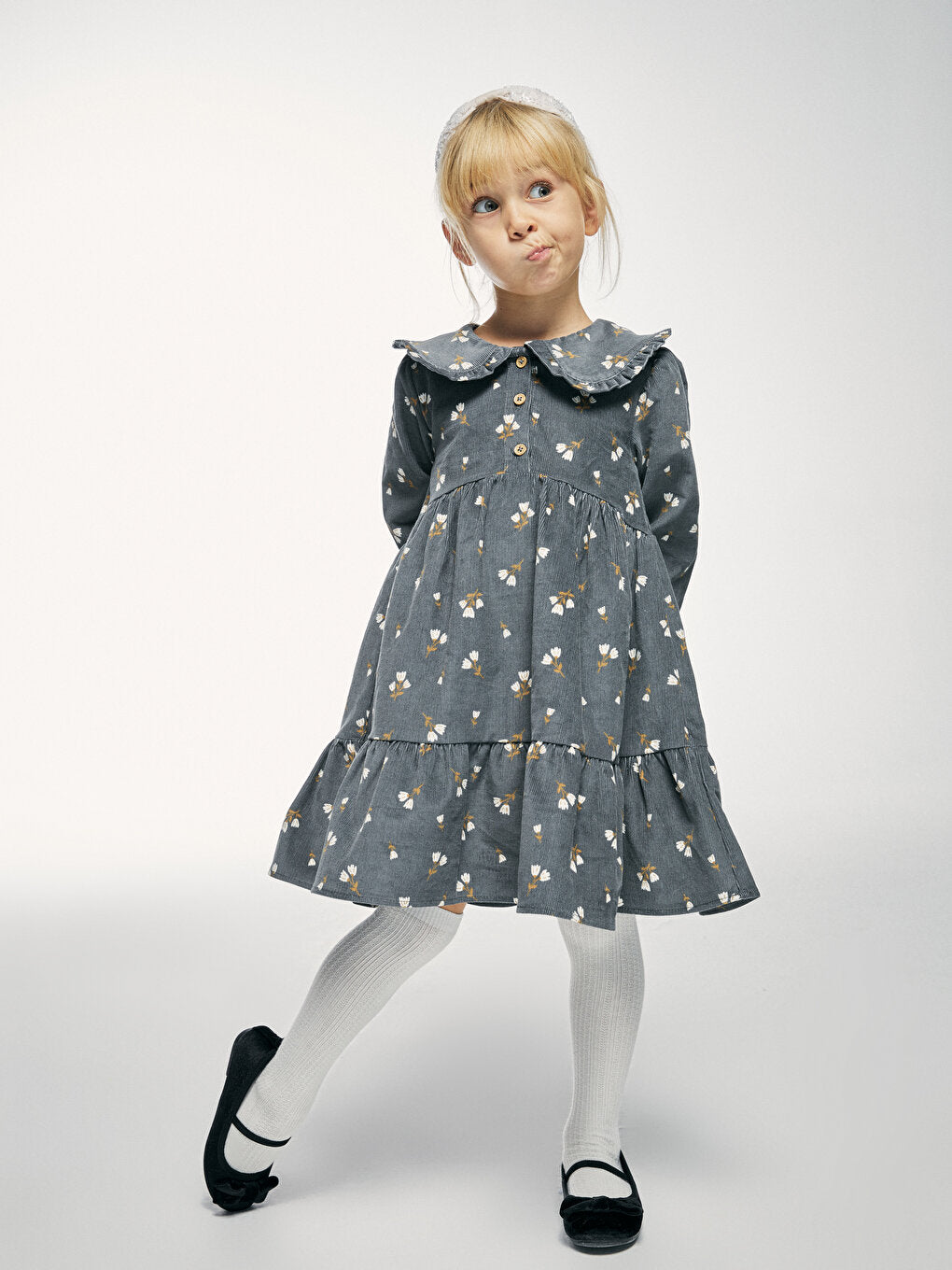 Baby Collar Patterned Long Sleeve Velvet Girls' Dress