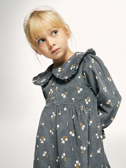 Baby Collar Patterned Long Sleeve Velvet Girls' Dress