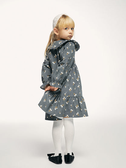 Baby Collar Patterned Long Sleeve Velvet Girls' Dress