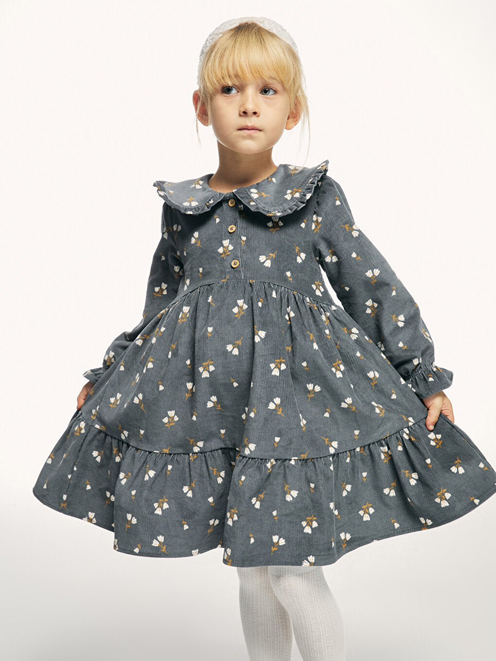 Baby Collar Patterned Long Sleeve Velvet Girls' Dress