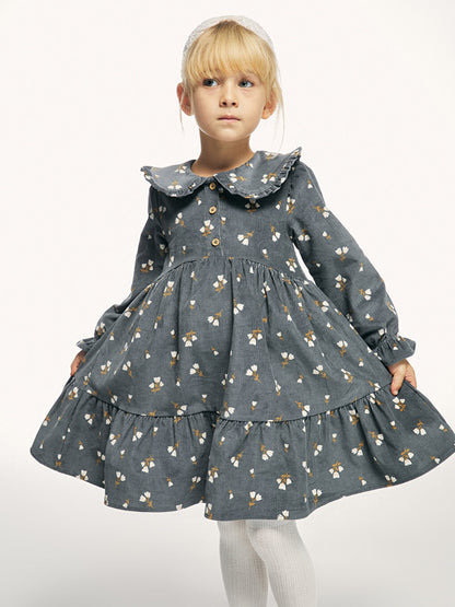 Baby Collar Patterned Long Sleeve Velvet Girls' Dress