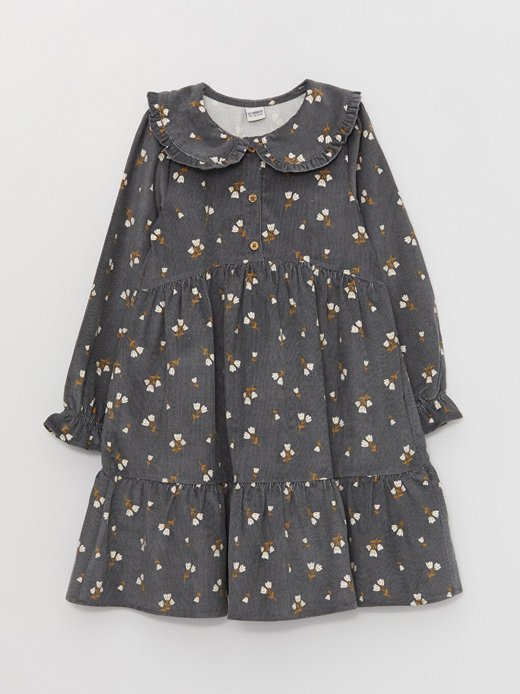 Baby Collar Patterned Long Sleeve Velvet Girls' Dress