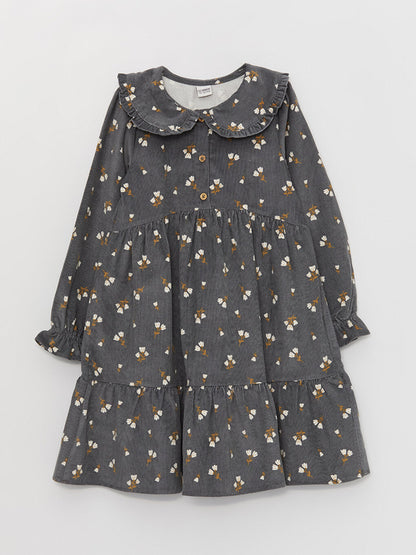 Baby Collar Patterned Long Sleeve Velvet Girls' Dress