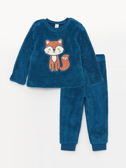 Crew Neck Long Sleeve Embroidery Detailed Plush Baby Boy Pajama Set