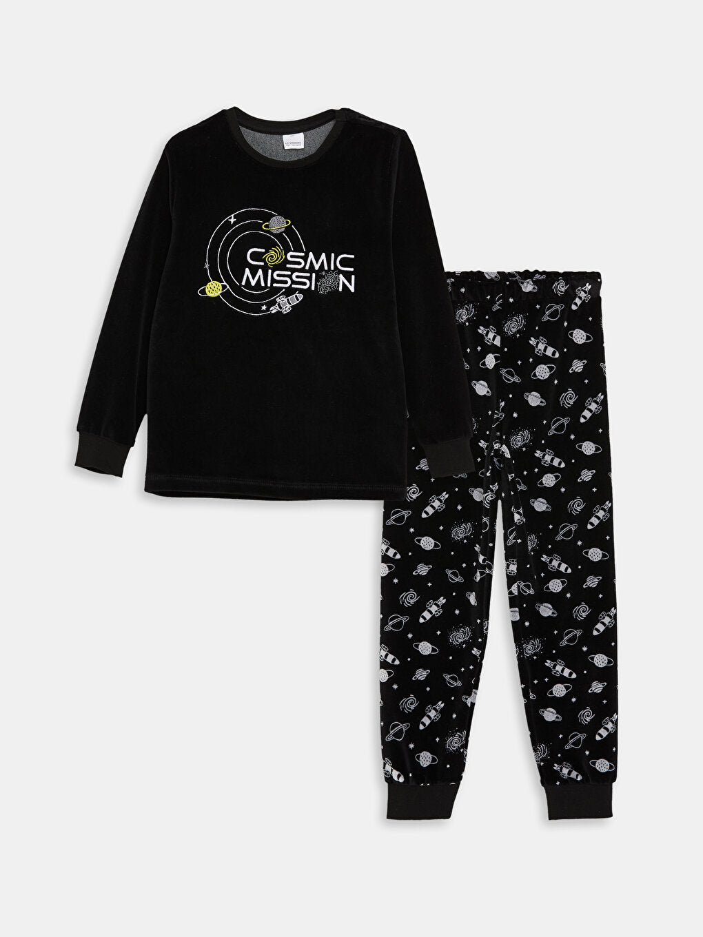 Crew Neck Patterned Long Sleeve Velvet Boy's Pajama Set