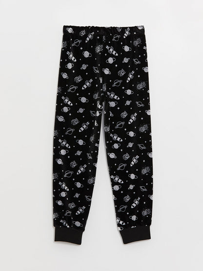 Crew Neck Patterned Long Sleeve Velvet Boy's Pajama Set