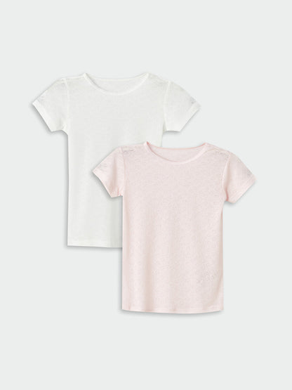 Crew Neck Self-patterned Short Sleeve Girl's Undershirt 2-pack