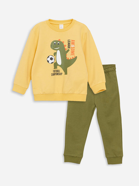 Crew Neck Long Sleeve Dinosaur Printed Baby Boy Sweatshirt and Trousers 2-Piece Set