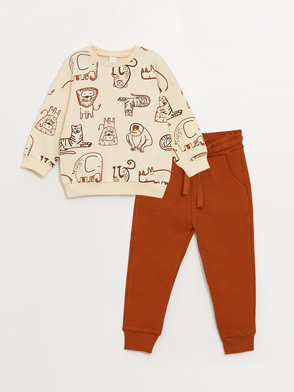 Crew Neck Printed Baby Boy Sweatshirt and Trousers 2-Piece Set