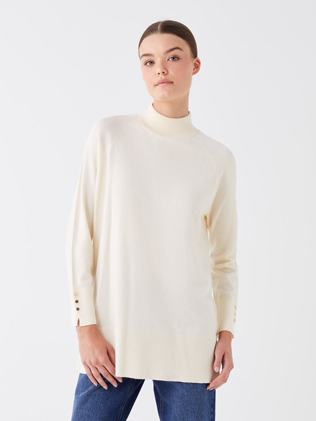 Half Turtleneck Plain Long Sleeve Women's Knitwear Tunic