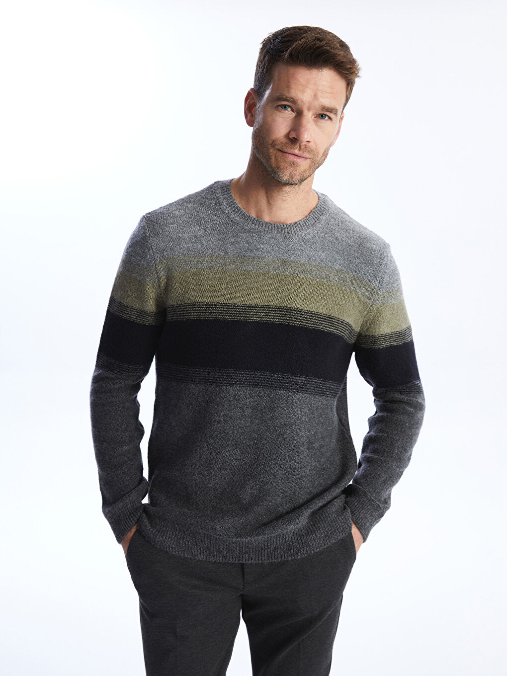 Crew Neck Long Sleeve Color Block Men's Knitwear Sweater