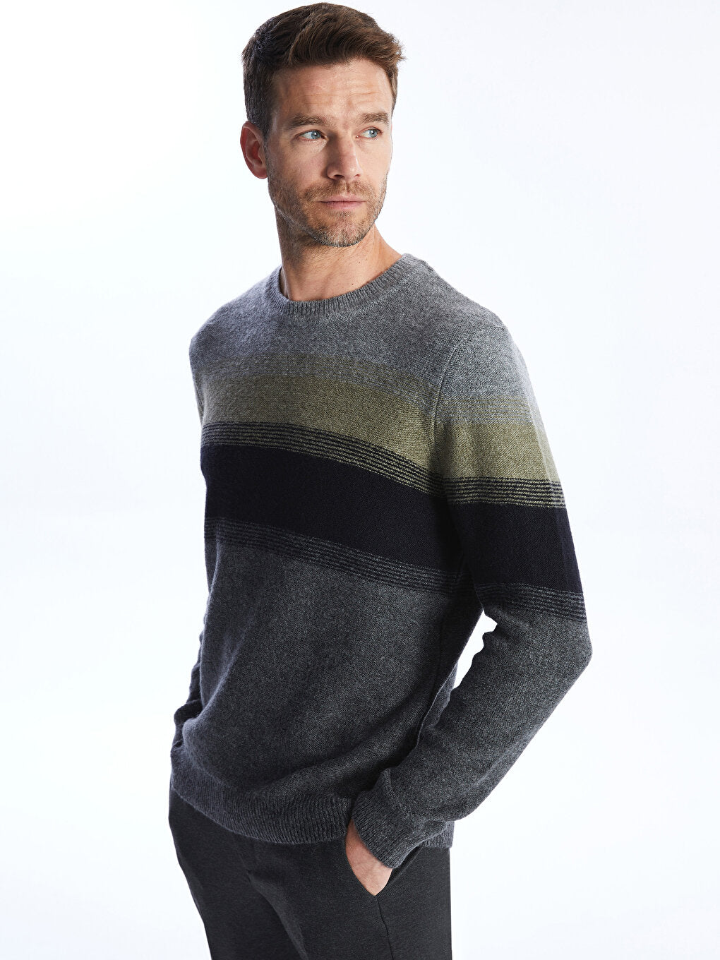 Crew Neck Long Sleeve Color Block Men's Knitwear Sweater