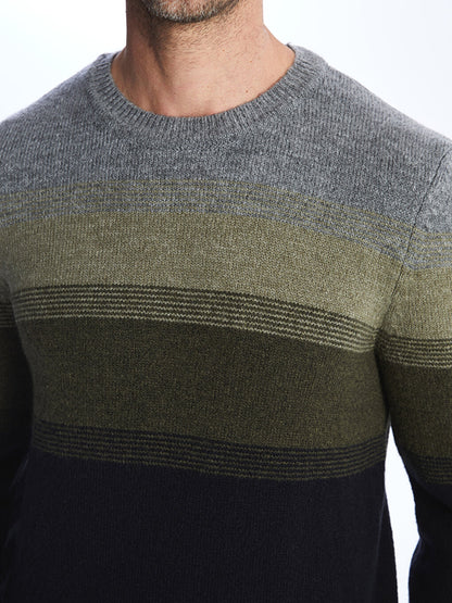 Crew Neck Long Sleeve Color Block Men's Knitwear Sweater