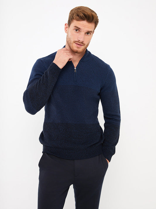 High Collar Long Sleeve Color Block Men's Knitwear Sweater