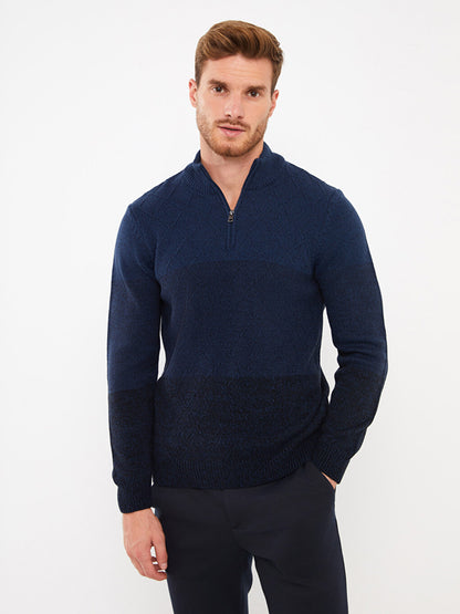 High Collar Long Sleeve Color Block Men's Knitwear Sweater