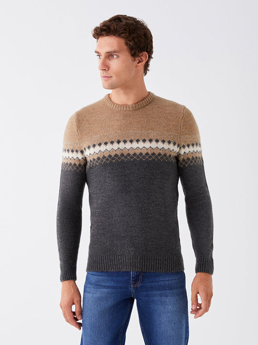 Crew Neck Long Sleeve Patterned Men's Knitwear Sweater