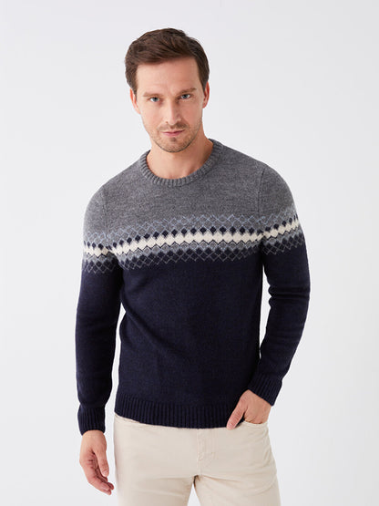 Crew Neck Long Sleeve Patterned Men's Knitwear Sweater