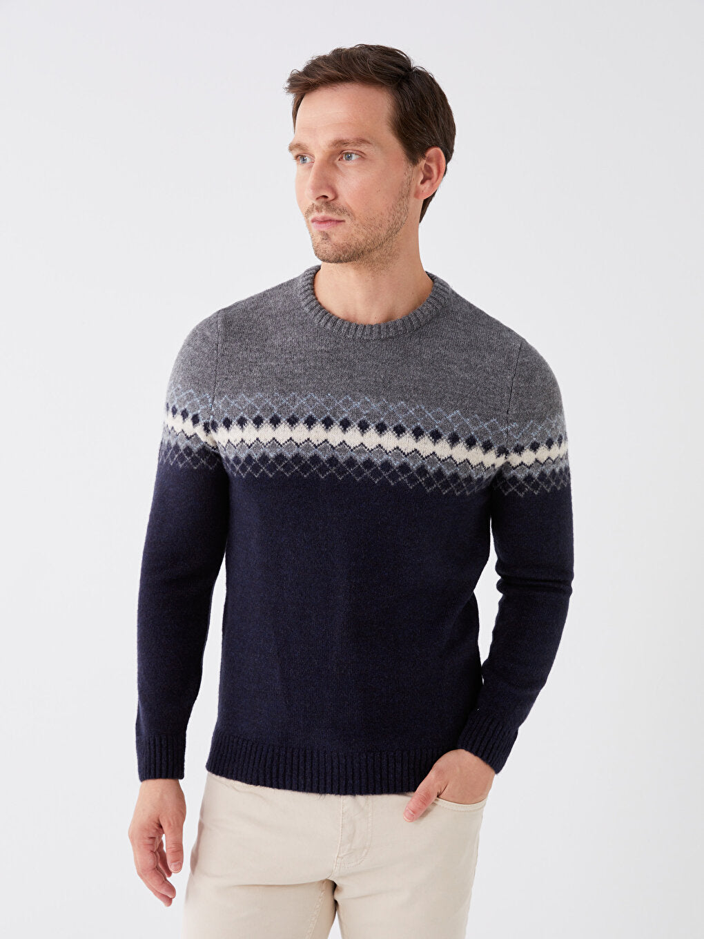 Crew Neck Long Sleeve Patterned Men's Knitwear Sweater