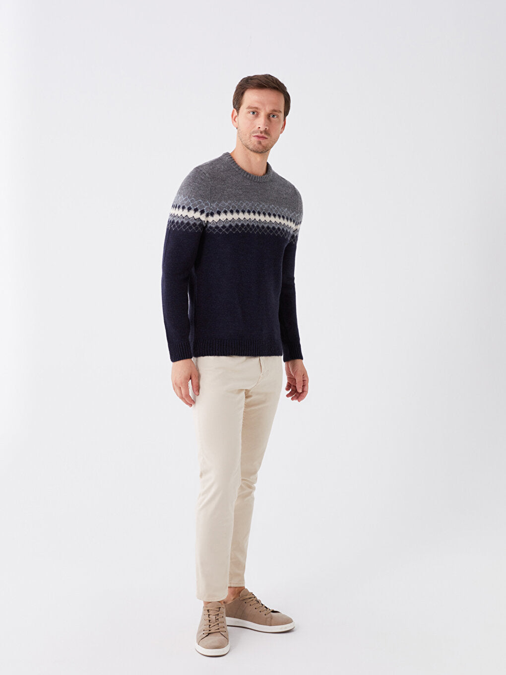 Crew Neck Long Sleeve Patterned Men's Knitwear Sweater