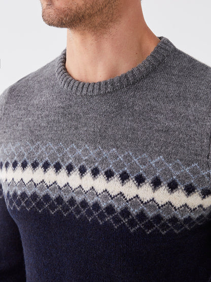 Crew Neck Long Sleeve Patterned Men's Knitwear Sweater