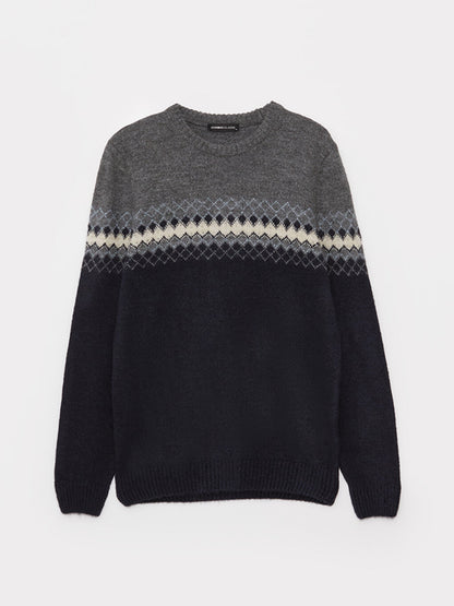 Crew Neck Long Sleeve Patterned Men's Knitwear Sweater