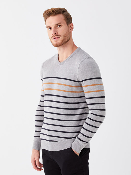 V-Neck Long Sleeve Striped Men's Knitwear Sweater