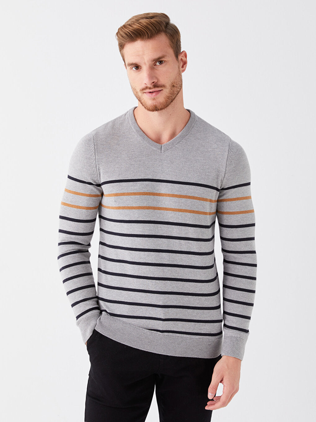 V-Neck Long Sleeve Striped Men's Knitwear Sweater