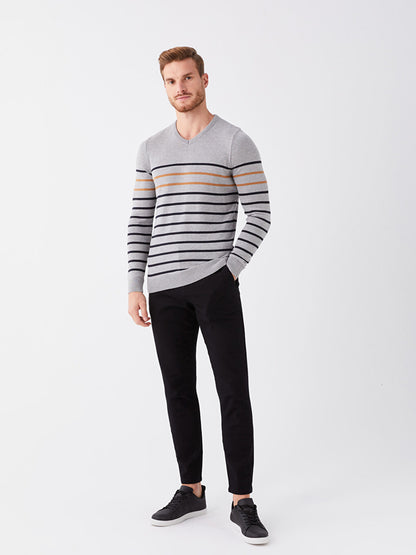 V-Neck Long Sleeve Striped Men's Knitwear Sweater