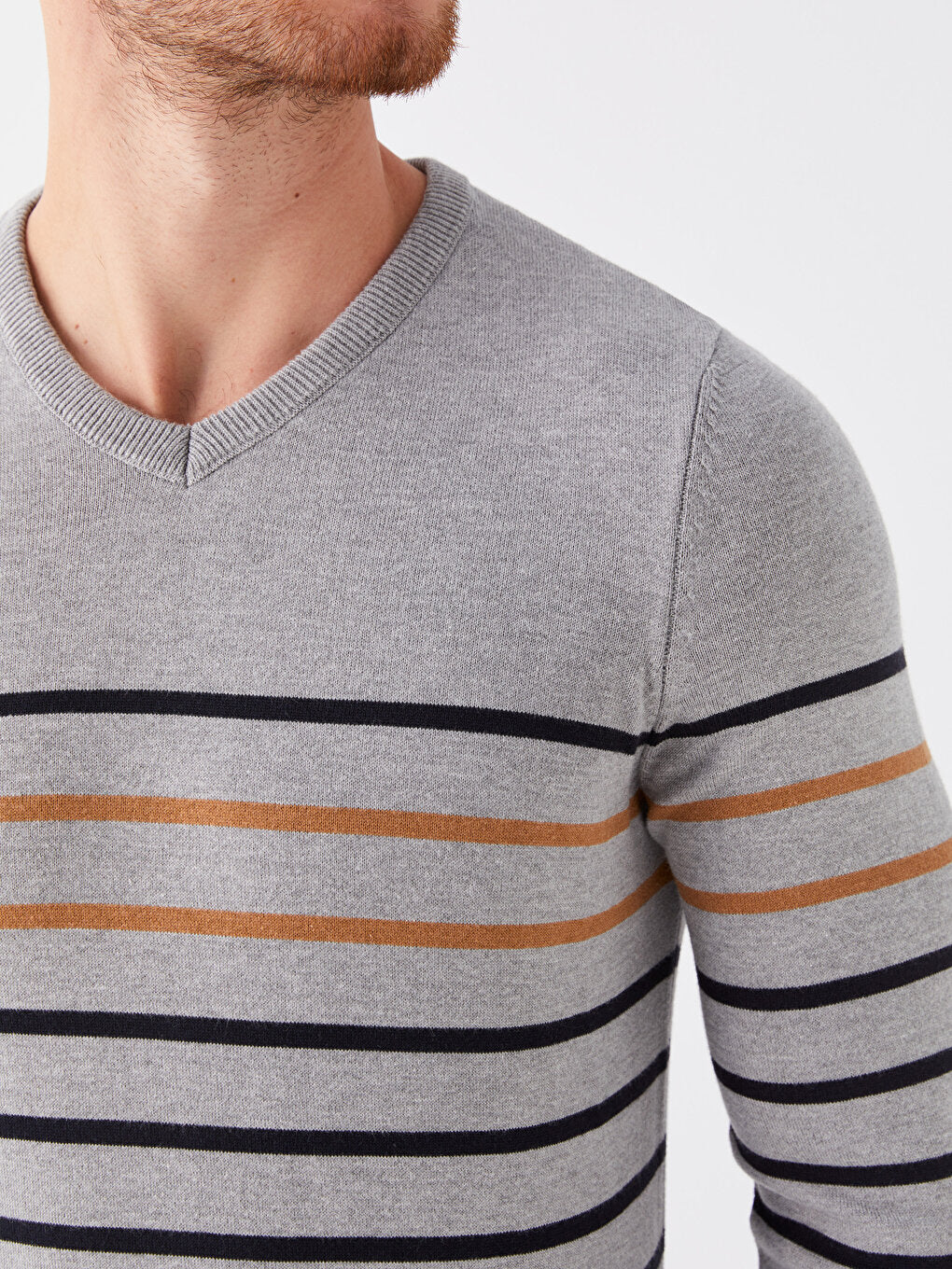 V-Neck Long Sleeve Striped Men's Knitwear Sweater