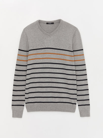 V-Neck Long Sleeve Striped Men's Knitwear Sweater