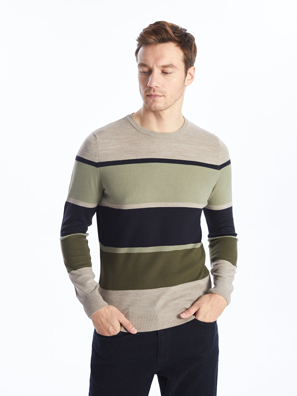 Crew Neck Long Sleeve Striped Men's Knitwear Sweater