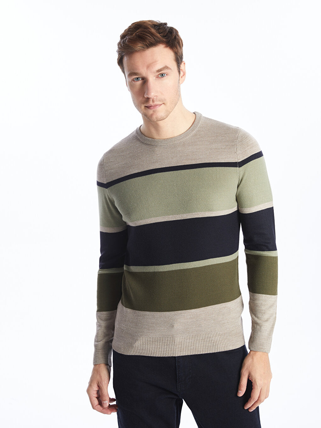 Crew Neck Long Sleeve Striped Men's Knitwear Sweater