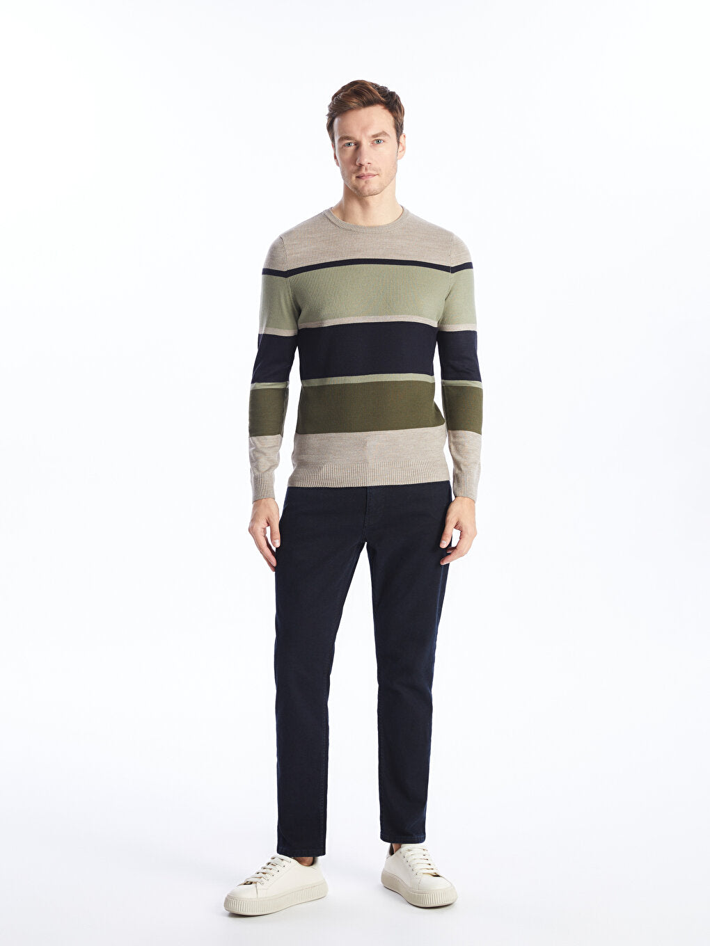 Crew Neck Long Sleeve Striped Men's Knitwear Sweater