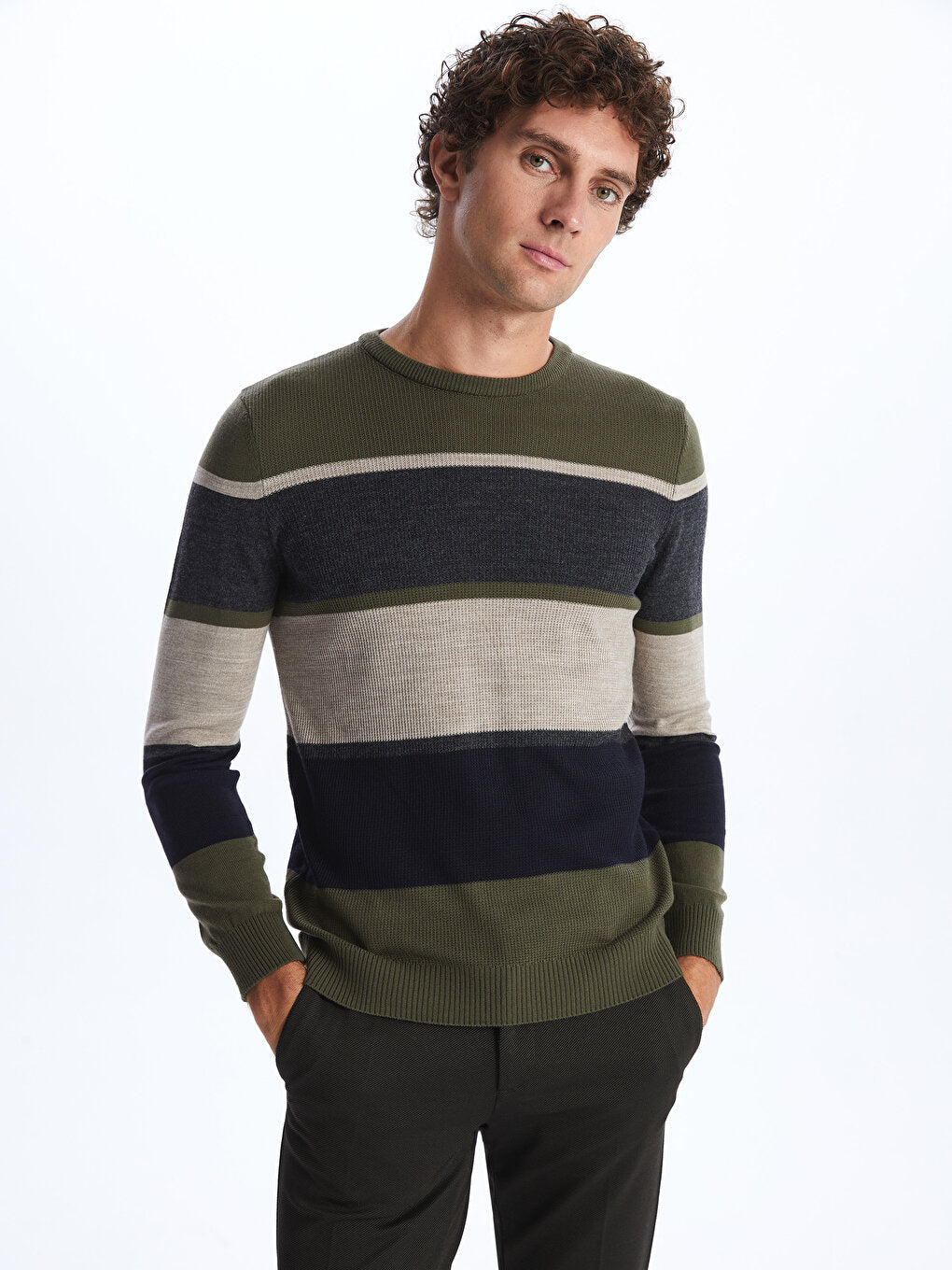 Crew Neck Long Sleeve Striped Men's Knitwear Sweater