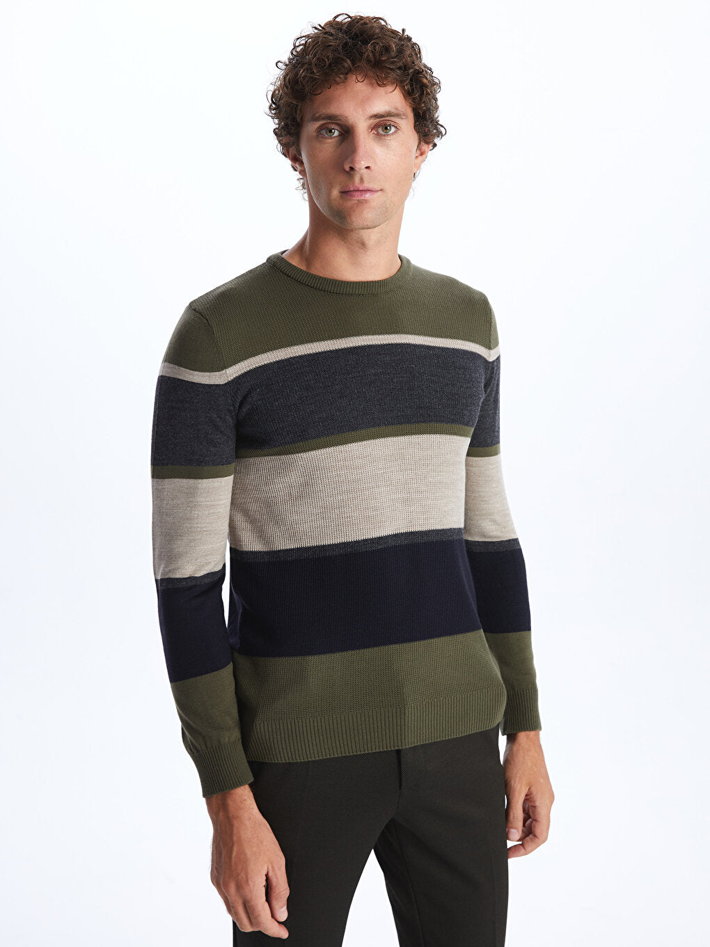 Crew Neck Long Sleeve Striped Men's Knitwear Sweater