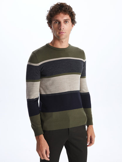 Crew Neck Long Sleeve Striped Men's Knitwear Sweater