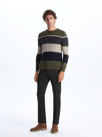 Crew Neck Long Sleeve Striped Men's Knitwear Sweater