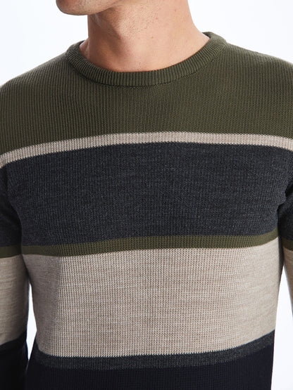 Crew Neck Long Sleeve Striped Men's Knitwear Sweater