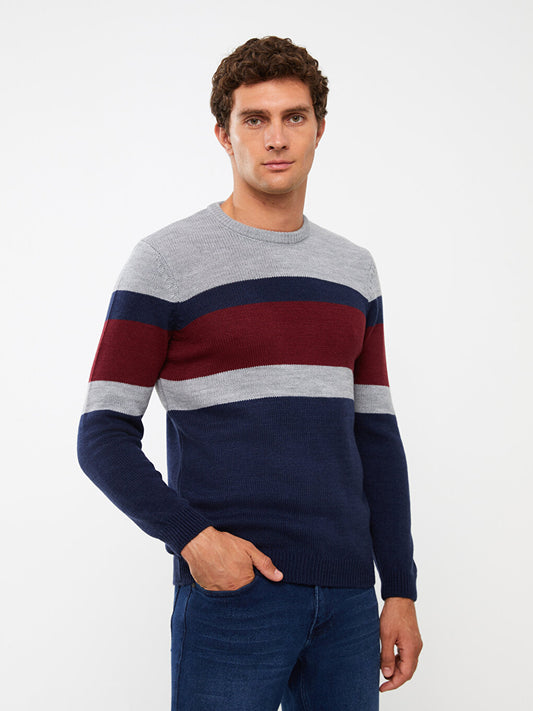 Crew Neck Long Sleeve Color Block Men's Knitwear Sweater