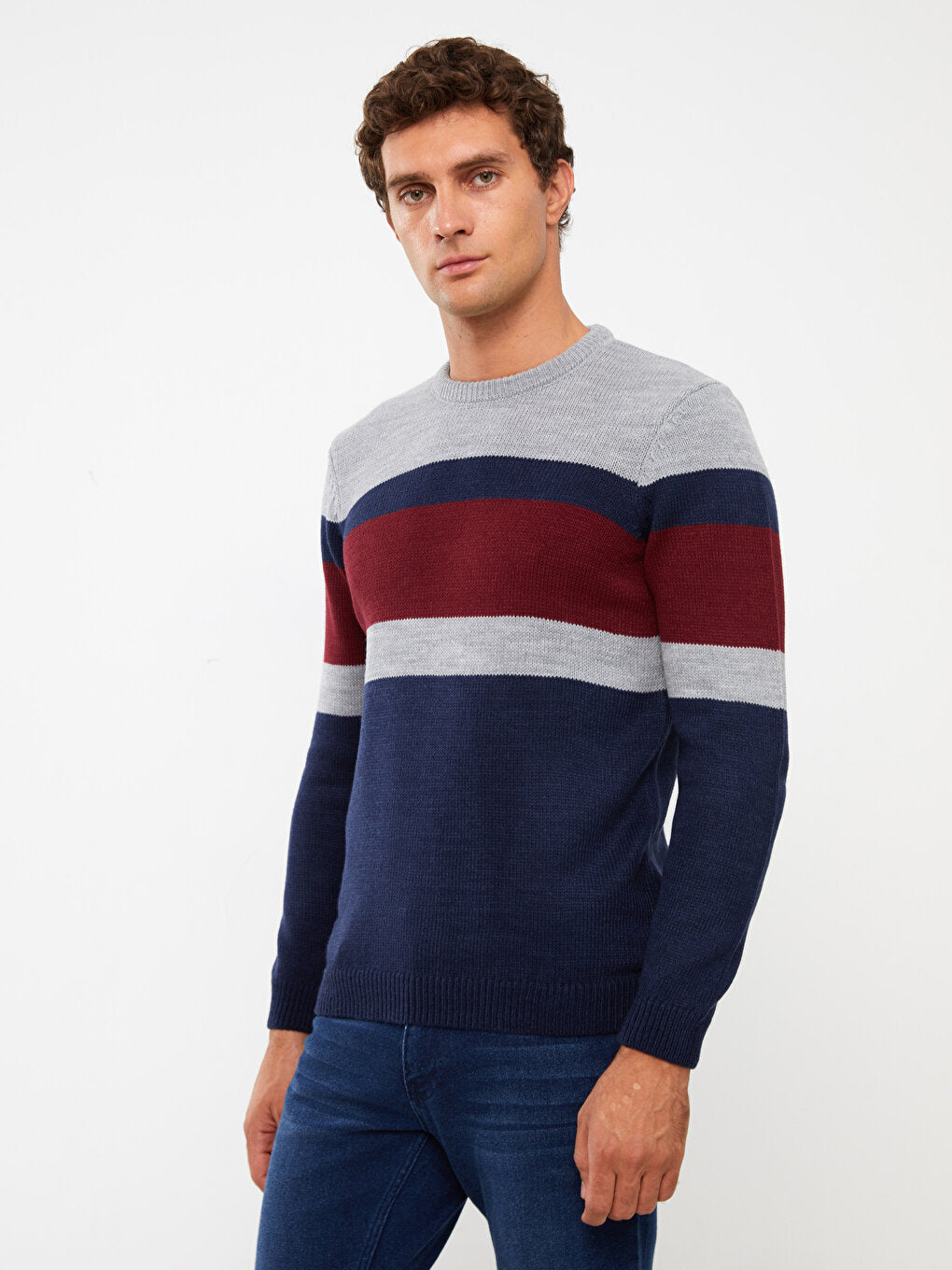 Crew Neck Long Sleeve Color Block Men's Knitwear Sweater