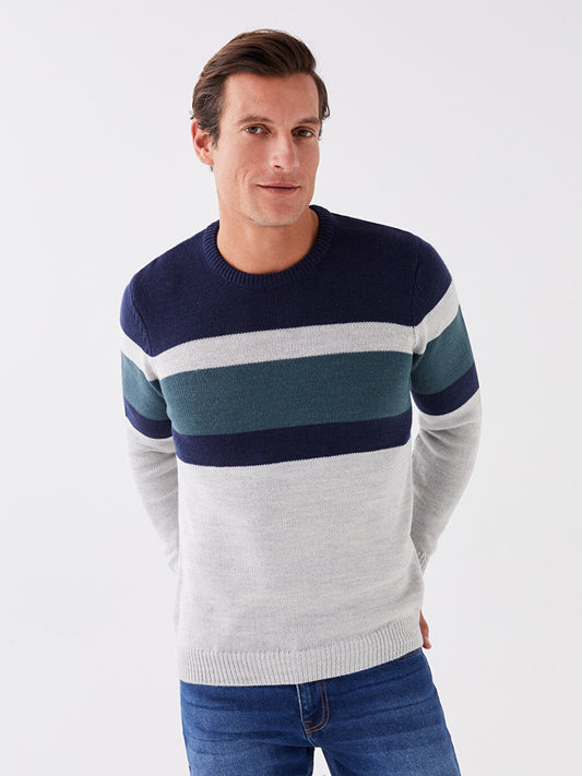 Crew Neck Long Sleeve Color Block Men's Knitwear Sweater